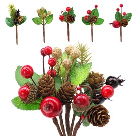 Shining She 20PCS Christmas Artificial Pine Cones, Mini Stimulation Red Berry Cones Stems Bouquets Decor Artificial Pine Picks for Xmas Flower Arrangements Wreath Tree Decoration
