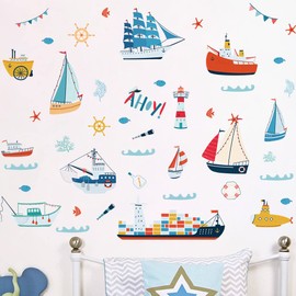 FUFUQUARE Cartoon Sailing Boat Wall Stickers, Lighthouse Sailboat Peel and Stick Wall Decals for Kids Baby Bedroom Bathroom Living Room