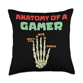 PC Gaming Apparel Funny WASD Keyboard Gaming Gifts Anatomy of A Gamer Skeleton Hand Funny Computer Gaming Boys Throw Pillow, 18x18, Multicolor