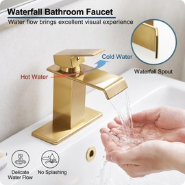 HOIGY Gold Bathroom Faucet Single Handle, Brass Waterfall Bathroom Faucet, 4 Inch Bathroom Faucets 1 Hole or 3 Holes Bathroom Sink Faucets with Deck Plate & Pop-Up Drain for Public Sinks No Splashing