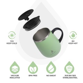 Ideus - Taza de café aislada de 16 onzas con asa y tapa, doble pared de acero inoxidable con aislamiento al aspiradora, taza de café de viaje para el hogar y la oficina, color verde aguacate