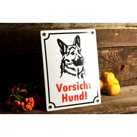 Caution Dog Sign - 15 x 20 cm - Ceramic Enamel - Weatherproof - Dog Warning Sign - Tin Sign - Enamel Sign - White Enamel Sign