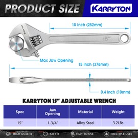 KARRYTON 15" Inch Adjustable Wrench with 1-3/4"(44mm) Max Jaw Opening (Scales Metric and SAE), Drop Forged Alloy Steel Adjustable Spanner for Various Fasteners, Chrome Plated Handle Polished