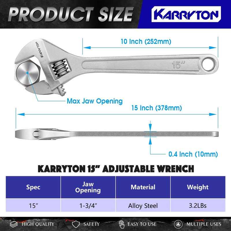 KARRYTON 15" Inch Adjustable Wrench with 1-3/4"(44mm) Max Jaw Opening