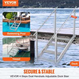VEVOR Dock Stairs 4 Steps, 500lbs Load Pool Steps, Adjustable Height Aluminum Dock Ladders, Pontoon Boat Ladder with Handrails & Widen Nonslip Pedals for Lake/Pool/Marine Boarding/RV/House