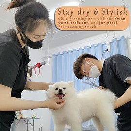 Dog Grooming Smock for Men Women, Anti-Static Smock for Pet Shop Dog Cat Grooming Bathing, Short Sleeves, Water Resistant and Hair Proof, (Solid Purple L)