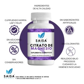 Citrato De Magnesio Puro Con 120 Cpsulas De 500 Mg Cu.  Suplemento Alimenticio  Alta biodisponibilidad  Sin sabor Saisa Herbal  Apoyo del sueo,...    