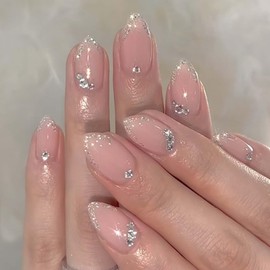 Hkanlre French Press on Nails Medium Fake Pink Nails Tips Full Cover False Almond Nails for Women and Girls 24PCS