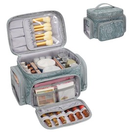 Large Makeup Bag, Portable Travel Make up Bag Organiser for Women Cosmetic Bags PU Leather Makeup Brushes Bag with Compartments, Dark Blue