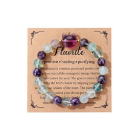 Jovivi Fluorite Crystal Cat Bracelet for Women Men,8mm Natural Stone Beaded Bracelet Protection Healing Crystals Gemstones Bracelet Cat Jewelry Gifts for Good Luck,Money Attraction