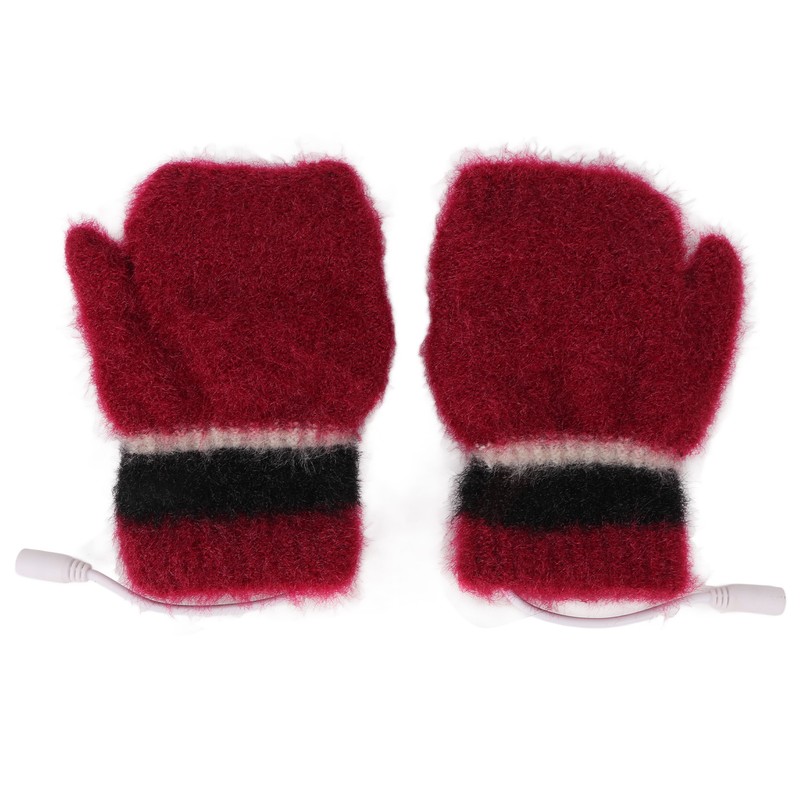 USB Heated Gloves Half Fingerless Flip Burgundy Double Sided Knit