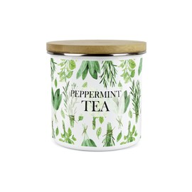 Kitchen Herbs Peppermint Tea Storage Canister - White & Green Leaf Metal Enamel Food Storage Container Gift