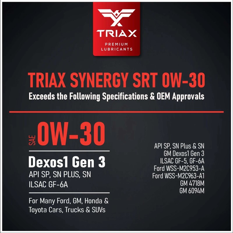 Triax Synergy SRT 0W-30 Full Synthetic PAO and Ester Engine