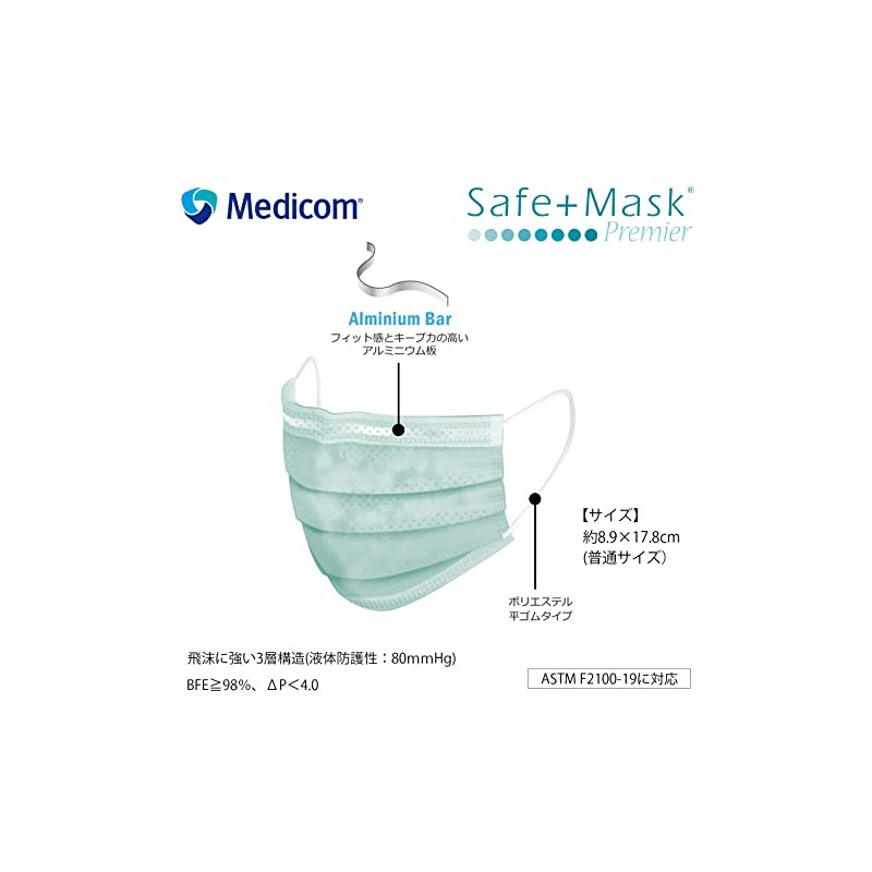 Medicom Japan Premier Safe Mask, 50 Masks, Green