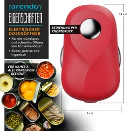 Arendo - One Touch electric can opener - with automatic 360° rotation - opening without sharp edges - for all can sizes - automatic stop - can opener for seniors and children - red