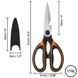 Belle Vous Pack of 2 High Performance Kitchen Scissors Set - 21 cm Household Scissors Stainless Steel with Blade Covers - Multi-Purpose Kitchen Scissors for Chicken, Fish, Bones, Meat, Vegetables,
