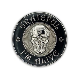 Grateful I'm Alive Sobriety Coin, 3D Sculpted Skull AA Chip Medallion, Alcoholics Anonymous Serenity Prayer AA Coin, Recovery Affirmation Sobriety Gifts for Men & Women by the Token Shop (Silver)