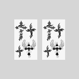 Oottati Small Cute Temporary Tattoo Sticker Set of 2 - Black Cross Totem Wing Designs for Hand Neck Face Wrist, Waterproof Fake Body Art, Simple & Modern Unisex Skin Decals