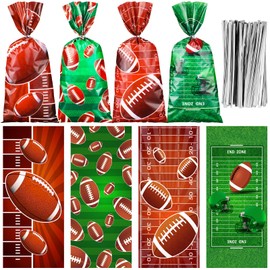 Jetec 100 Pcs Football Cellophane Bags Brown Green Football Gift Treat Bag Goodie Candy Bags with Ties for Sports Team Events Birthday Party Decorations Supplies Accessories(Classic Style)