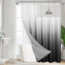 MitoVilla Black Ombre Waffle Shower Curtain with Snap-in Liner, Modern Waffle Weave Fabric, Luxury Heavy Cloth for Neutral Hotel & Spa Bathroom Decor, 72 x 72