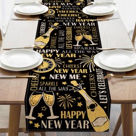 Croar Happy New Year 2025 Black Gold Table Runner, Golden Champagne Clock Fireworks Kitchen Dining Table Decoration, Christmas Winter Burlap Indoor Outdoor Home Decor Party Supply 13 x 72 Inches