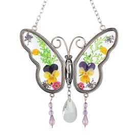 Butterfly Gifts for Mom Aunt Grandma Women Crystal Butterfly Suncatcher with Real Flowers Mothers Day Valentine`s Birthday Birthday Gift for Everyone Yellow Pink Green Flowers Butterfly Wind Chime