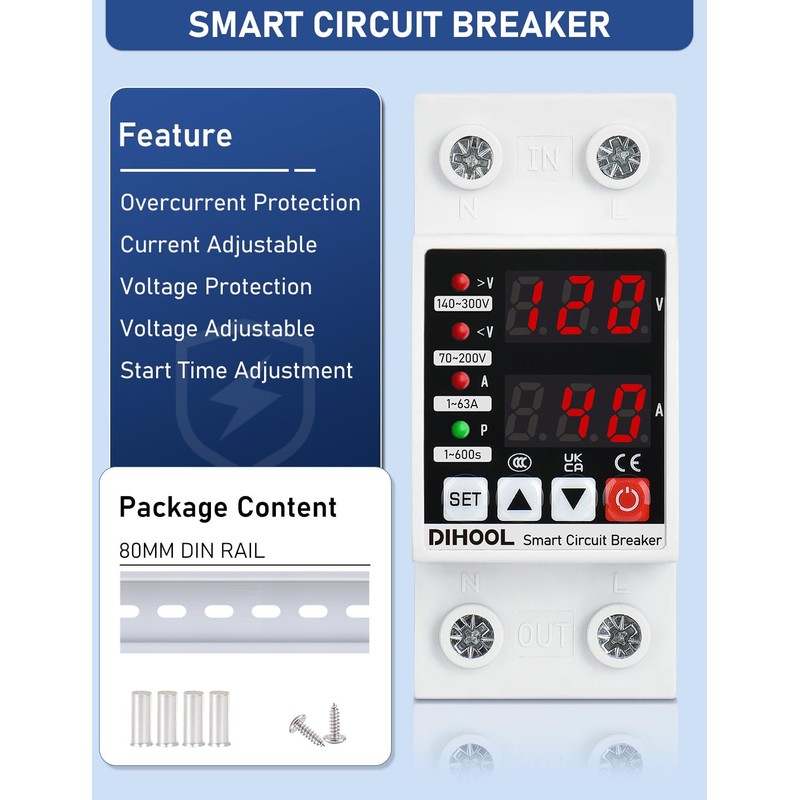 DIHOOL Adjustable Voltage Protector 110V 220V, Low/High Voltage Cutoff and