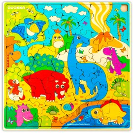 QUOKKA Wooden Dino Puzzles for Kids Ages 3-5 - 28 Pieces Toddlers Kids Puzzles Ages 4-8 Year Olds - Wood Dino Toys for Children 6-8 yo