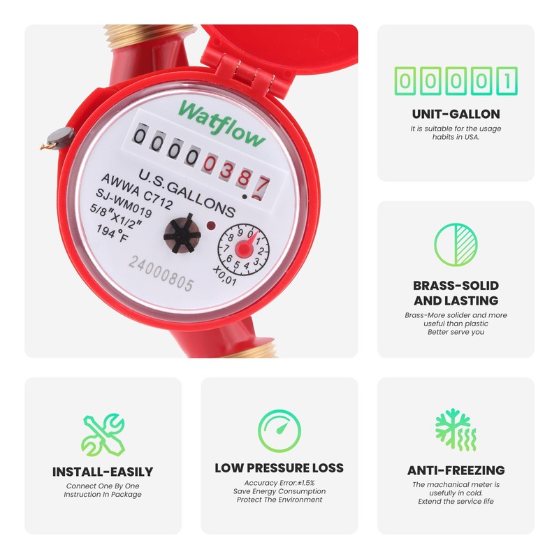 Watflow DN15 Water Meter 1/2" NPT, AWWA C712 Certification Gallon