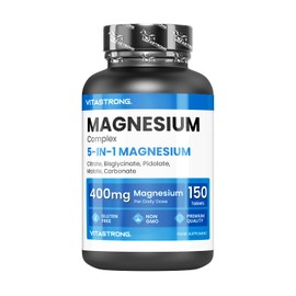 Magnesium 5 in 1 400mg, 150 Tablets of 5 Sources of Magnesium Glycinate, Citrate, Pidolate, Carbonate,Malate, Vitastrong Supplement Tablets, GMO Free