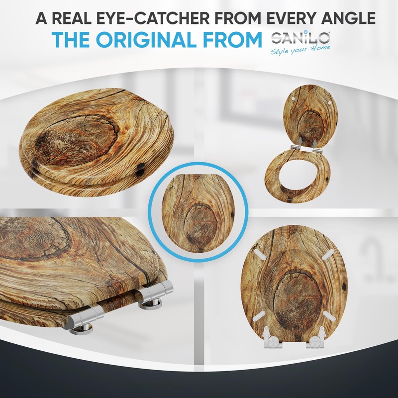 SANILO Wooden Toilet Seat with Soft Close [ROUND] - Decorative,