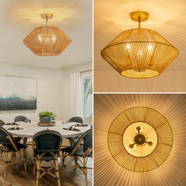 Rattan Ceiling Light Fixture, 3-Light Boho Semi Flush Mount Ceiling Light, 20" Wicker Light Fixture with Handmade Woven Cage Lampshade, Rattan Chandelier for Bedroom Hallway Nursery Kitchen Farmhouse