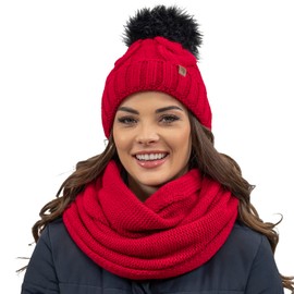 VIVISENCE 7014 Women's Bobble Hat Winter Warm Thick Patterned Made in EU, red