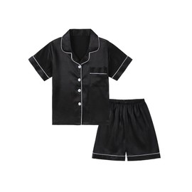 DIPUG Girls Pajamas Satin Pajama Set Silk Pjs Short Sleeve Sleepwear（Black）