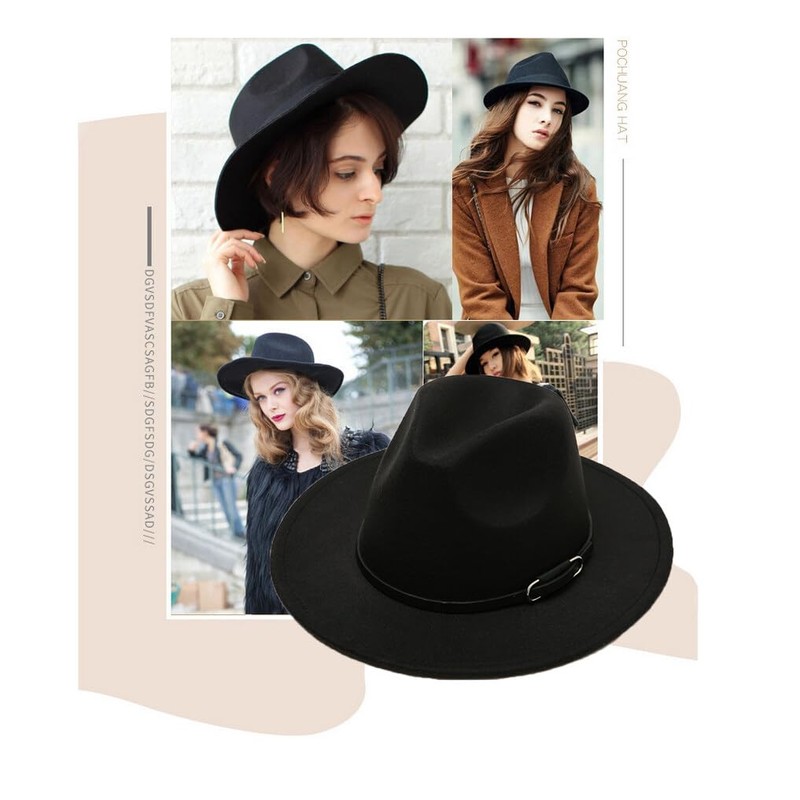 ericotry Wide Brim Fedora Hat Classic Black Belt Buckle Felt