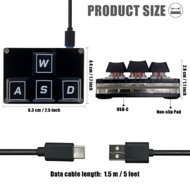 BTXETUEL Mini 4-Key Keypad WASD Arrow Key Keycaps Keyboard One-Handed Mechanical Gaming Keypad Programmable USB-C Customized Keyboard for Working or Gaming (Black, WASD Keycaps)