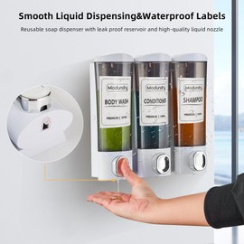 Modundry Shampoo and Conditioner Dispenser, Soap Dispenser Wall Mounted 3 Chamber for Shower Gel Dispenser No Drill Set Body Hand Wash Liquid Dispenser for Bathroom Home Hotel 300ML*3 (White）
