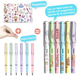AIYMQ Lapiz Infinito, 6 Lapices Eternos y Pegatinas decorativas,con 12 puntas y Bolsa Organizadora,Eternity Magic Pencil con Goma, herramienta de dibujo de boceto portátil reutilizable borrable