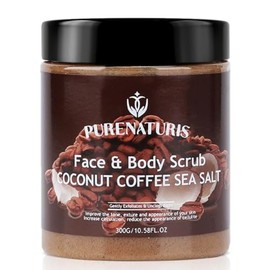 PureNaturis- Exfoliante de sal marina, café y coco: exfoliante e hidratante para rostro y cuerpo con ingredientes naturales