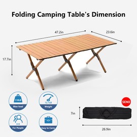 TUTURISLN 48Inch Folding Camping Table, Lightweight Roll-Up Table Aluminum Low Portable Picnic Table with Carrying Bag for Outdoor, Beach, Picnic, Backyards, BBQ and Party, Log Color