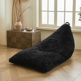 XeGe Fluffy Kids Stuffed Animal Storage Bean Bag Cover (No Filler), Plush Fuzzy Faux Fur Beanbag Organizer with Handle for Teens Girls Adults, Shaggy Furry Plush Toys Holder Floor Lounger Chair, Black