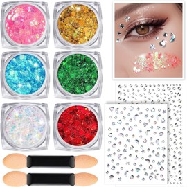 Gel de Purpurina para Cuerpo y Rostro, Holográfico Brillante De Larga Duración y Piedras Decorativas de Cristal Para Ojos, Labios, Cabello (6P Coloreado)