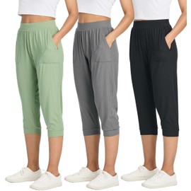 Real Essentials (Pack of 3 Women's Capri Pants Fashion Yoga Sweatpants Joggers Pockets Summer High Waisted Track Lounge Cropped Casual Pajama Teen Cotton Activewear Petite Length - Set 3, Medium
