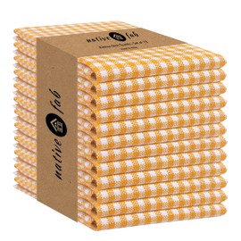 Native Fab 12 Pack Gingham Farmhouse Kitchen Dish Towels Cotton Absorbent Durable Washable 15x25 - Tea Towels, Dish Cloths, Restaurant Cleaning Towels, Kitchen Towels with Hanging Loop, Yellow White