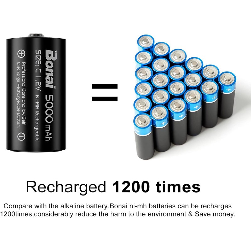 BONAI Rechargeable C Batteries, C Cells 5000mAh 1.2V Ni-MH High