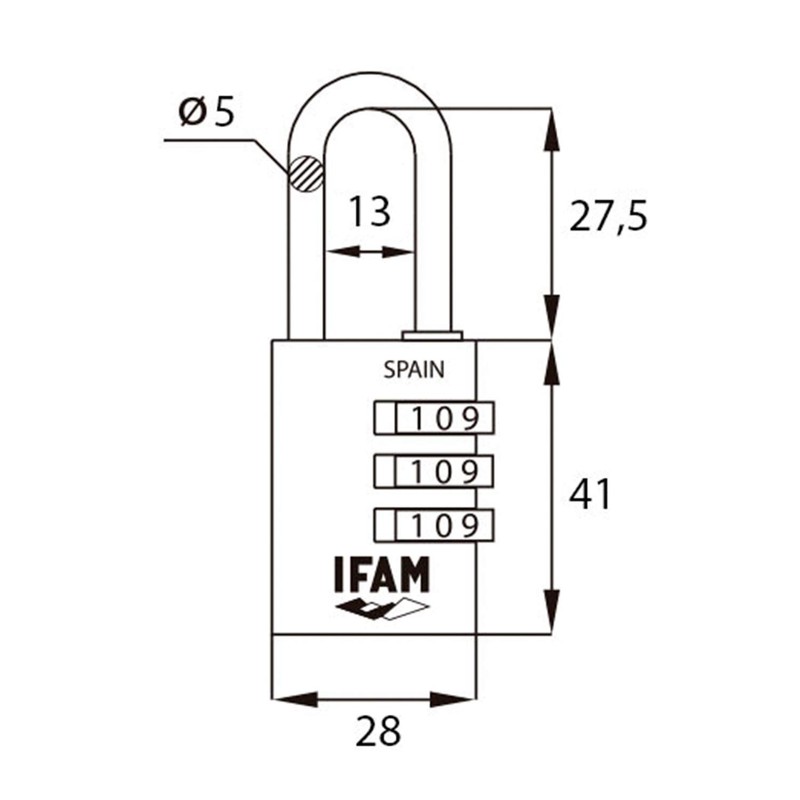 IFAM Combination padlock, Col Combi, 30 mm length, 5 mm