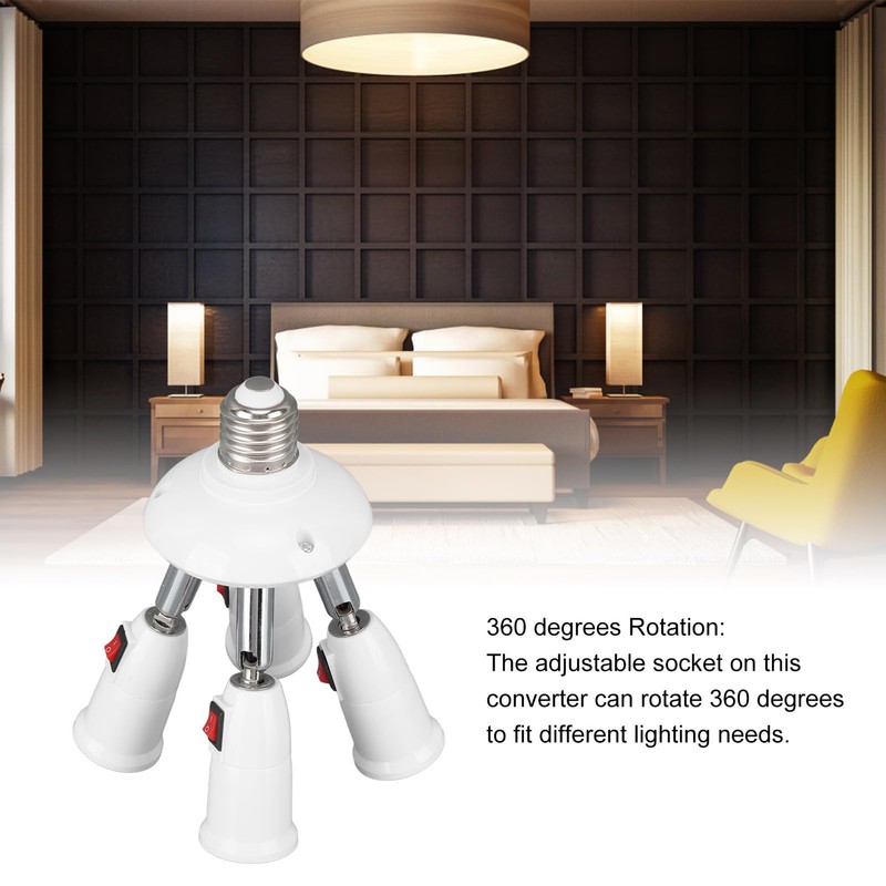 Ausla E26 E27 Socket Splitter Adapter, 4-Way 360 Degree Rotatable