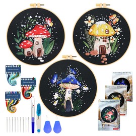 3 Pieces Embroidery Set Adult Mushroom Embroidery Kit Embroidery Set for Beginners DIY Cross Stitch Set Embroidery Set with Instructions Mushroom Stamped Embroidery Set Beginners for DIY Arts Crafts