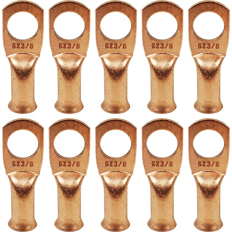 10 Pack 6 AWG 3/8" Bare Copper Ring Terminals, Heavy