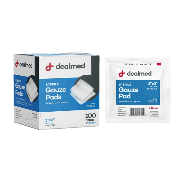 Dealmed Sterile Gauze Pads – 100 Count, 3’’ x 3’’ Gauze Pads, Disposable and Individually Wrapped Medical Gauze Pads, Wound Care Product for First Aid Kit and Medical Facilities